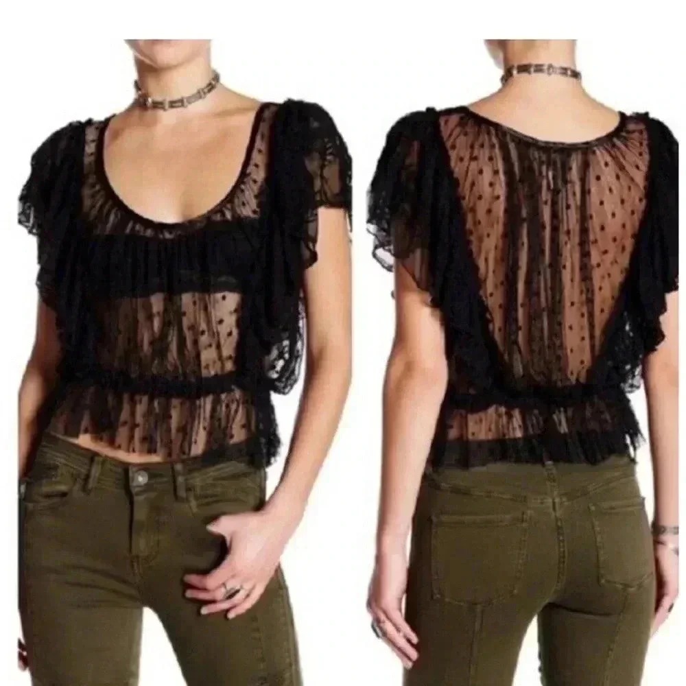 Free People Black Sweet Surprise Lace
Sheer Blouse Ruffles Boho Women's